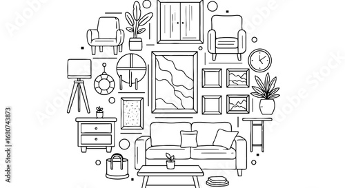 Living room design with furniture. Home decor, interior, decoration, apartment, furnishings, cozy, modern, comfortable, stylish, minimal.