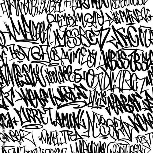 A seamless, energetic pattern of overlapping black graffiti tags. This chaotic monochrome texture captures the raw, dynamic essence of urban street art culture.