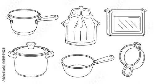 Kitchenware assortment in line art style. Cooking, culinary, pots, pans, bake, kitchen utensils, kitchenware, home, cooking tools, supplies, equipment.