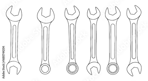 Set of wrenches in a row. Tools, equipment, mechanic, repair, service, garage, metal, engineering, construction, maintenance, workshop, hardware.