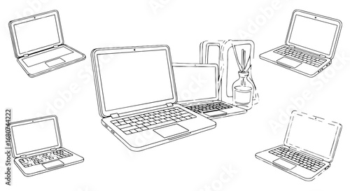 Laptops and diffuser sitting on desk, home office. Technology, modern workplace, freelance, equipment, devices, comfort, work from home, workspace, productivity