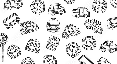 Doodle pattern of cars, vans, steering wheels. Transportation drawing, car concept, vehicle, transportation, pattern, background, design, hand drawn.