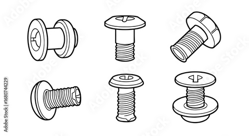 Variety of screws depicted in line drawing. Fasteners, hardware, construction, industry, engineering, DIY projects, mechanics, repair, industrial tools.