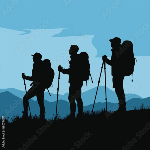 Three hikers on a mountain trail
