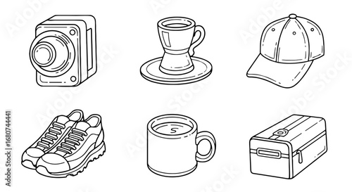 Line art of everyday objects. Camera, mugs, cap, shoes, and toolbox. Lifestyle items, illustration, objects, design, art.