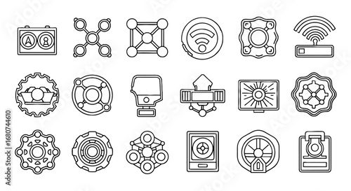 Technology icons set with complex designs, outline style. Connection, futuristic, innovation, network, digital, machine, security, research, robotic.