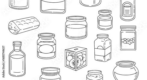 Assortment of jar illustrations. Jars, containers, food, kitchen, pantry, storage, glass, groceries, homemade, canning, mason jars, labels, organization