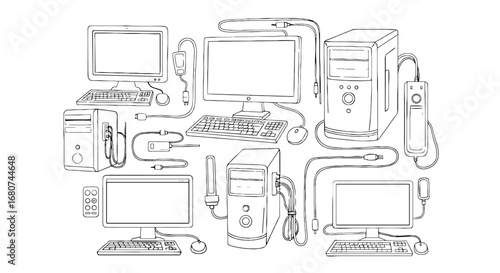 Multiple computer workstations with monitors and keyboards displayed. Technology, equipment, devices, hardware, network, desktop, connectivity, electronics, system
