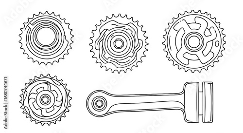 Gear and piston outlined. Mechanical parts, engineering drawing, technical diagram, design