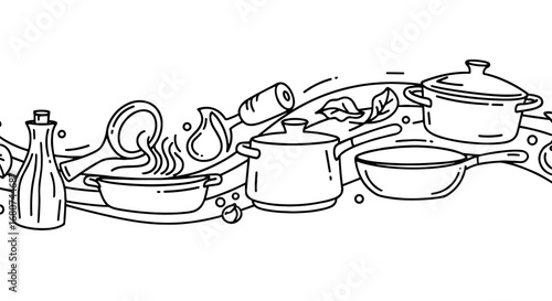 Cooking scene with pots, pans, and ingredients. Kitchenware, food preparation, culinary arts, gastronomy, utensils, dinner, cooking, cuisine, restaurant