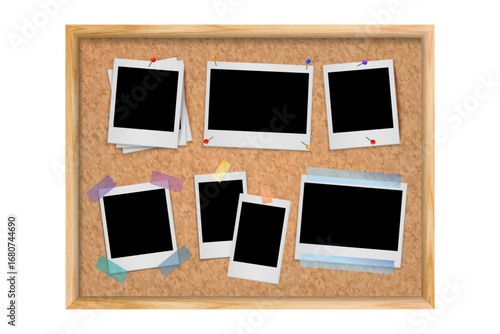 Realistic Polaroid Photo Frame Set on Cork Board – Blank Frames Mood Board, Callboard, Memories Snapshot, Vintage Template Vector Illustration