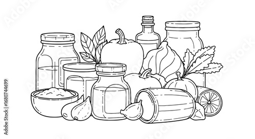 Collection of fruits, vegetables, and preserved goods. Culinary theme, pickling, canning, cooking, farm, harvest, seasonal, homemade, preserve, fresh, vegetarian.