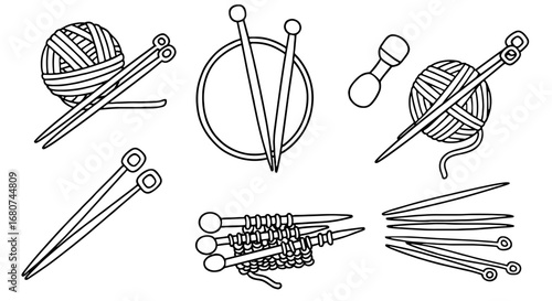 Knitting set with needles, yarn, and accessories shown. Craft, hobby, wool, handmade, design, needlework, creative, DIY, textile, hobbyist.