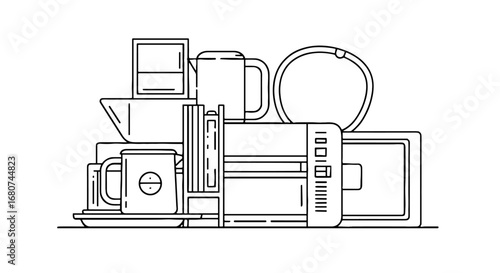 Stacked kitchenware, illustration. Cookware still life, dishware, kitchen items, cups, bowls, plates, food preparation, home, cooking appliances, organization, utensils