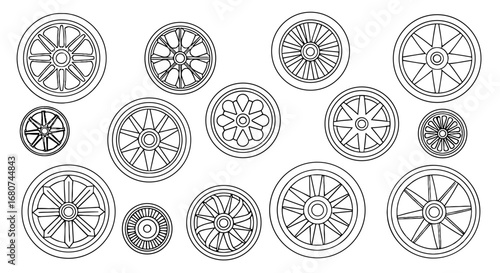 Variety of spoked wheels in black and white line art. Wheel, spokes, cycle, transport, vehicle, vintage, drawing, design, circle, radial, art, outline, black, white.