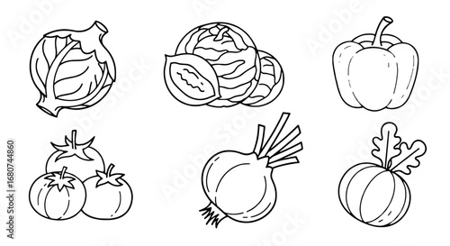 Vegetables outlined in illustration style. Fresh produce graphic, veggie drawing, food clip art, garden, farm, culinary, vegetarian, vegan, plant-based, organic.