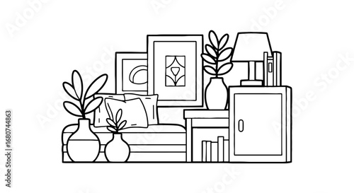 Indoor setting with plants, artwork, and lamp. Home decor, furniture arrangement, interior design, cozy, shelf, modern, style, lifestyle