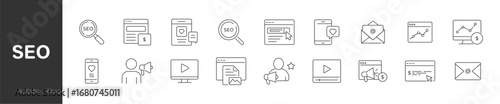 Marketing and SEO outline icon set. Search Engine Optimization icon collection. Vector illustration