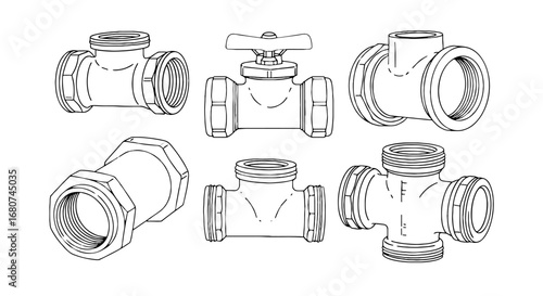 Illustration of pipe fittings and valve. Plumbing hardware, pipeline components, thread, connect, maintenance, industrial.