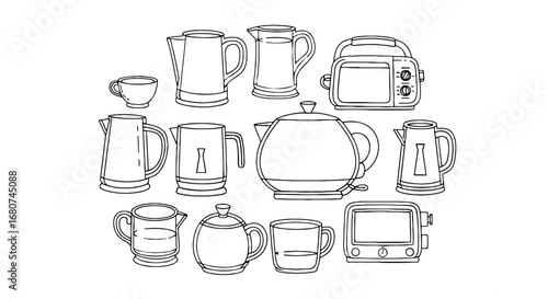 Kitchen appliance outlines in monochrome. Cooking equipment, design, graphic, kitchenware, utensil, illustration, cooking, drawing, outline, cartoon, household