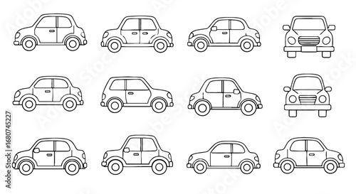 Outline style cars in various models and angles. Transport, vehicle, automobile, car, drawing, illustration, design, automotive, travel, driving, transportation