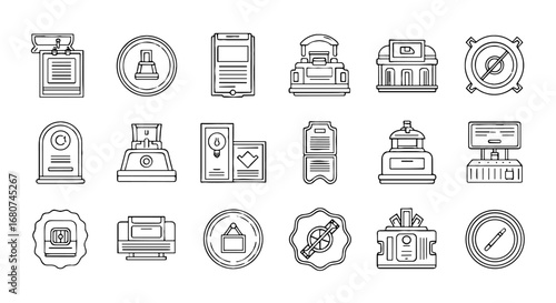 Collection of museum and exhibition icons. Museum, exhibit, gallery, art, history, culture, artifacts, showcase