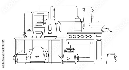 Kitchen appliances arranged neatly on counters. Home interior, cooking, modern kitchenware, appliances, equipment, domestic scene, minimalist