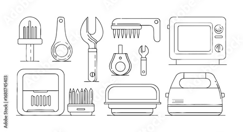 Line art illustration of household tools and appliances. Tools, appliance, kitchen, wrench, equipment, hardware, house, repair, cooking, renovation, design, outline