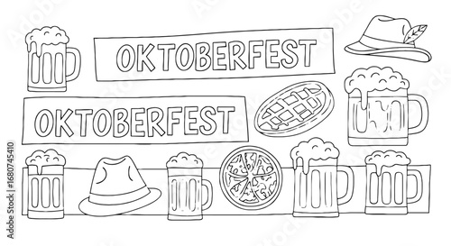 Oktoberfest themed drawing with beer and food. Celebration, festival, German, food, drink, beer, pretzel, hat, party, culture, illustration.