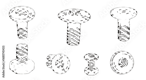 Screws and fasteners illustration, various types. Hardware, industrial, construction, manufacturing, components, tools, mechanical, engineering, fastening, parts.