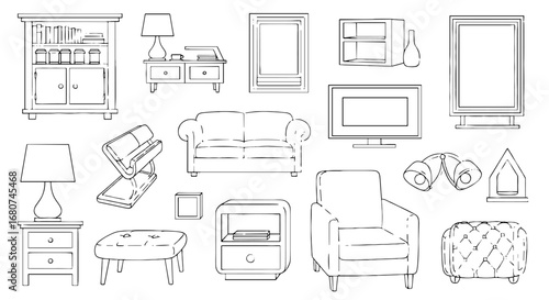 Furniture set outlines present varied items. Living room elements, interior design, home decor, furnishings, furniture, drawing, vector, sketch, house, style.