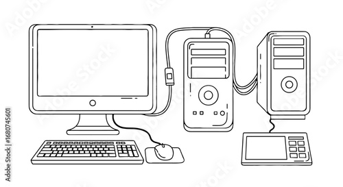 Vintage computer setup, with monitor, keyboard, mouse, and tower. Old technology, computing, hardware, retro, pc, electronics.