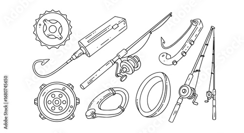 Fishing gear drawing illustration. Tackle, hooks, rods, reels and floats. Angling equipment.