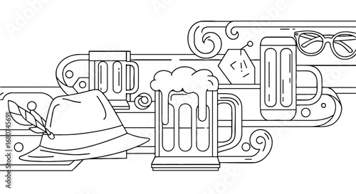 Oktoberfest outline with beer mugs and hat. Celebration, event, culture, festival, tradition, german, october, bavaria, drinking, party, beer, beverage, food, illustration.