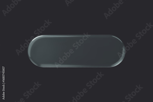 Glass rounded rectangle transparent button on dark background. 3d vector realistic ui icon.