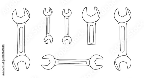Wrenches in various sizes and styles. Tools, repair, equipment, construction, mechanical, maintenance, hardware, engineering, industry.