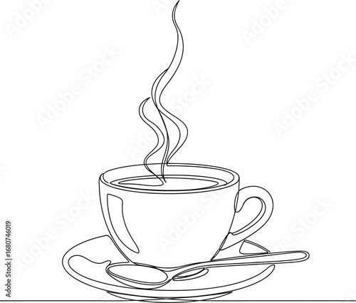 Line drawing of a steaming coffee cup on a saucer with a teaspoon isolated on white background