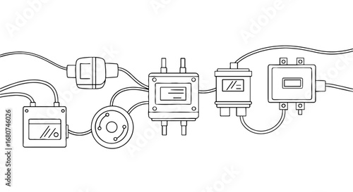Connected components and wires create a network. Electrical system, wiring, technology, circuitry, automation, electronics, mechanical, cyber.