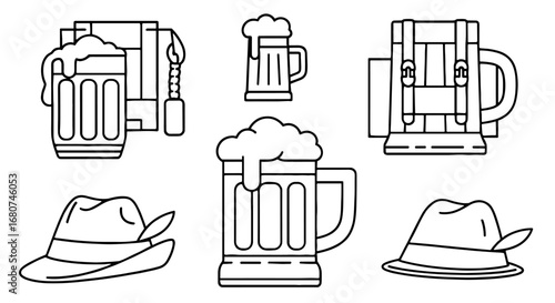 Oktoberfest themed line art illustration. Beer, hats, backpack. Celebration, tradition, festival, germany, german, octoberfest, party, culture, event, bavaria, folk