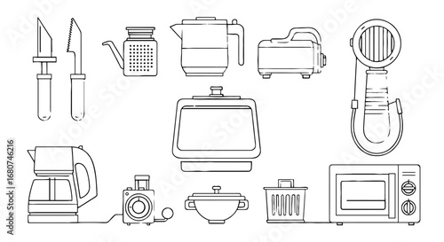 Outline drawing of kitchen appliances. Home, cooking, equipment, domestic, household, kitchenware
