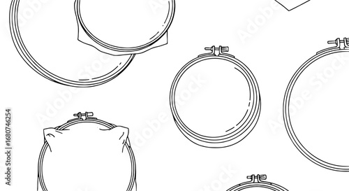Embroidery hoops are arranged. Craft hobby, sewing circle, textile art, stitching, framing, arts, creativity.