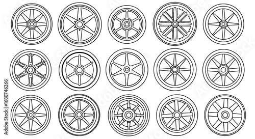 Assortment of outlined wheels with spokes, variety design. Vehicle components, design, transportation, engineering, parts, equipment, drawing, template, industry, mechanical.