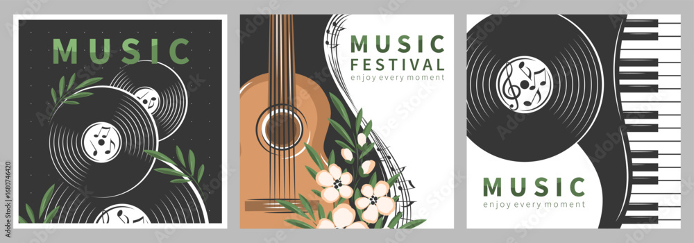 Obraz premium Set of music posters cover album, Classical music concert or festival. Piano keys, vinyl records, guitar and sheet music. Vector banner for music events, advertising.