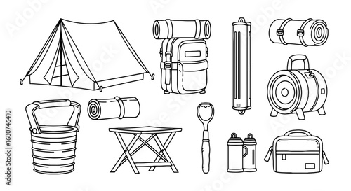 Camping equipment set for outdoor adventures. Tent, backpack, and gear for travel. Adventure, outdoors, nature, camping, tourism, vacation.