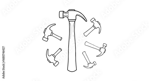 Hammers arranged around central tool. Construction, carpentry, tools, equipment, home repair, hammering, nail driving, fixing, building, DIY