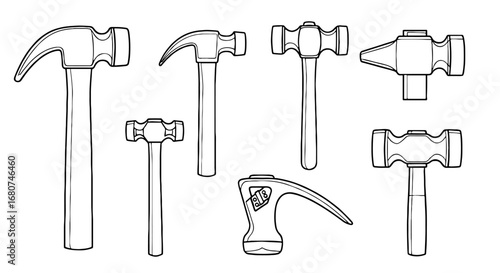 Set of hammer illustrations with different designs. Tools, hardware, construction, carpentry, instrument, equipment, metal, repair, blacksmith, handcraft, industry.