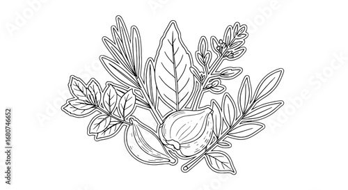Herbs and garlic drawing. Aromatic plants, cooking illustration, culinary herbs, flavoring ingredients, herbal medicine, kitchen herbs, organic, fresh