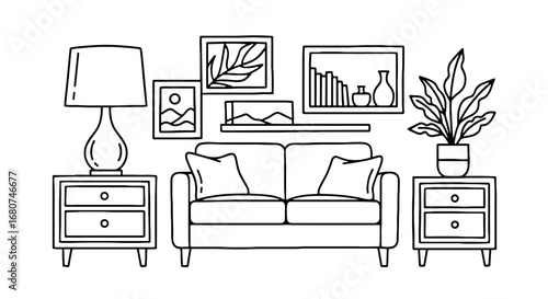 Living room scene with couch, lamps, art, plants. Home decor, interior design, furniture, comfort, contemporary, style