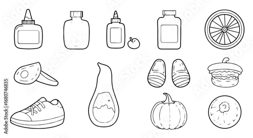 Various outlined drawings of everyday objects. Sketch, illustration, art, design, drawing, icon, object, outline, line, artwork, vector, graphic