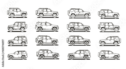 Diverse SUV car models display, various body styles. Automotive designs, vehicle diversity, auto industry, transport, design trends, automobile evolution.